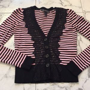 INC pink and black stripe, lace trim cardigan. XS